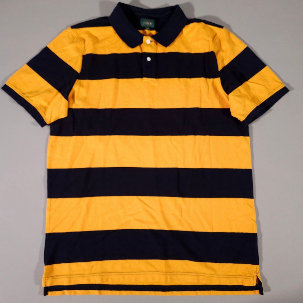 J.Crew Oarsman Polo Shirt Mens XLT Yellow Navy Blue Striped Short Sleeve Pique